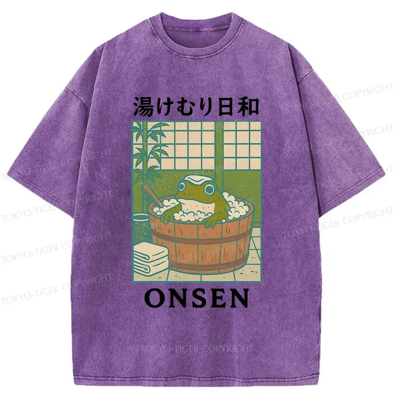 Kyoto-Lion Frog Taking A Bath Japan Washed T-Shirt