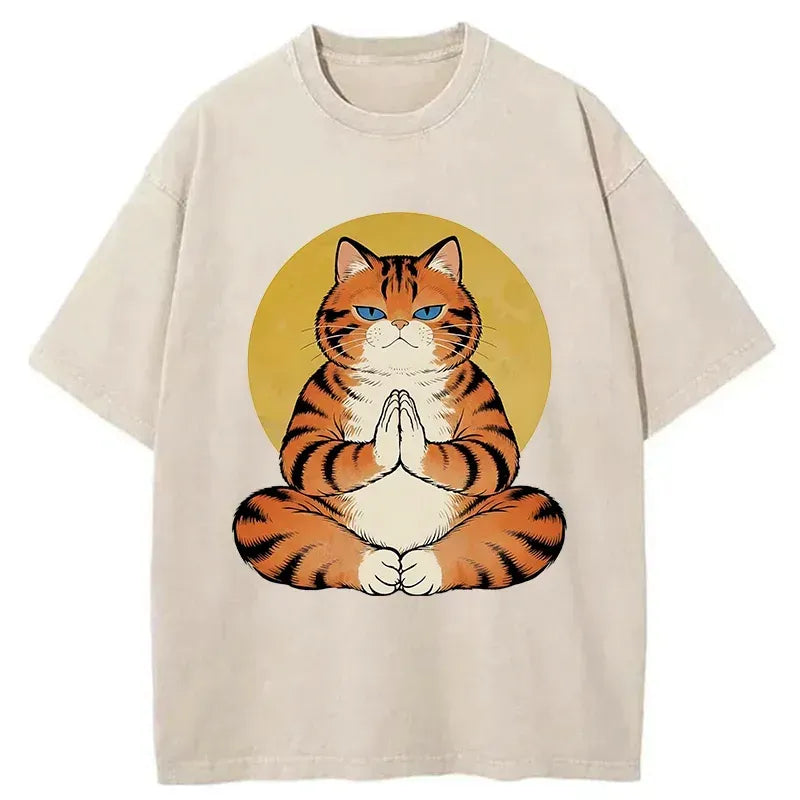 Kyoto-Lion Meditating Orange Cat Washed T-Shirt