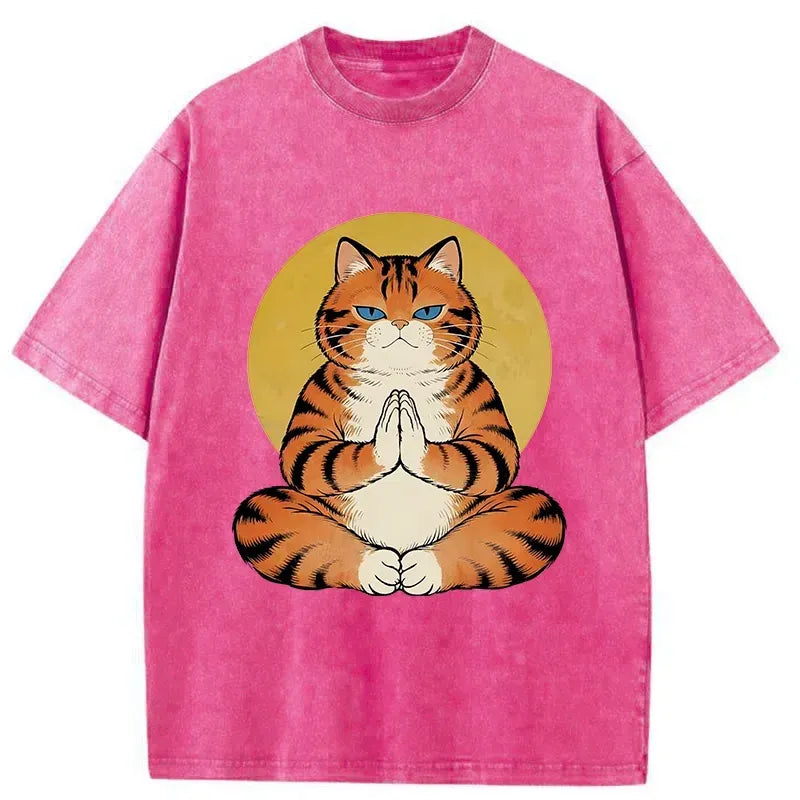Kyoto-Lion Meditating Orange Cat Washed T-Shirt