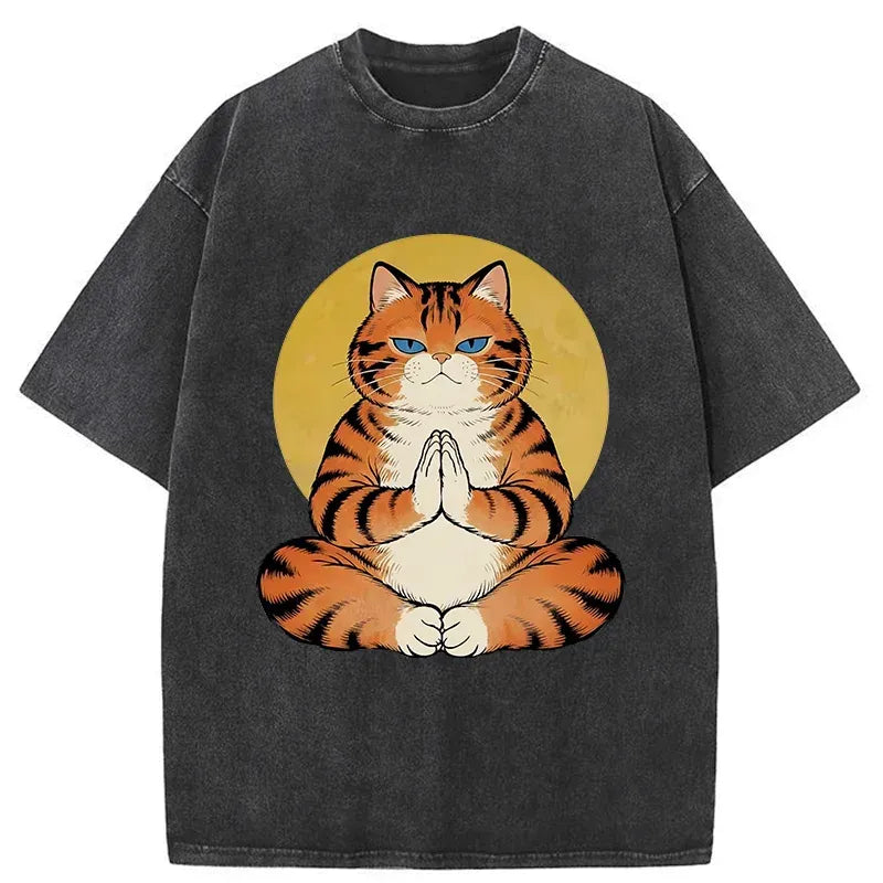 Meditating Orange Cat Washed Tee for Gift