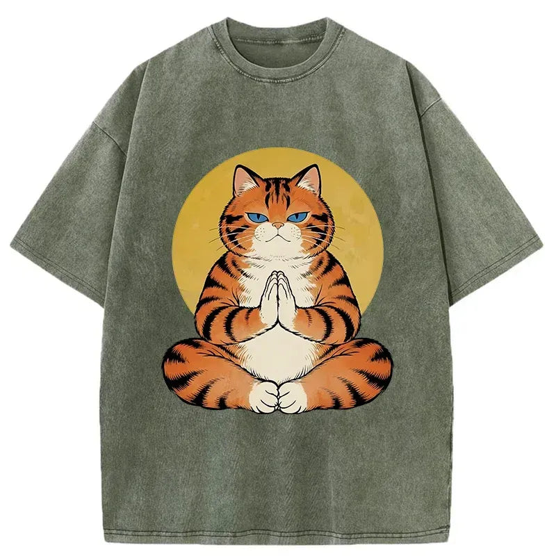 Kyoto-Lion Meditating Orange Cat Washed T-Shirt