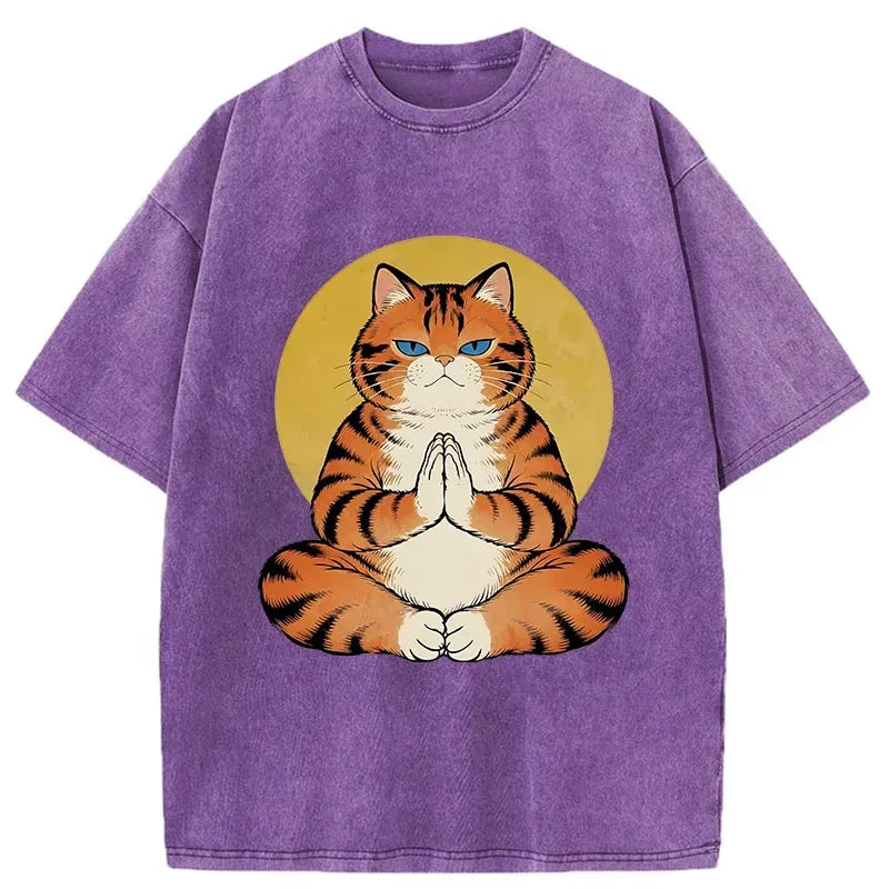 Kyoto-Lion Meditating Orange Cat Washed T-Shirt