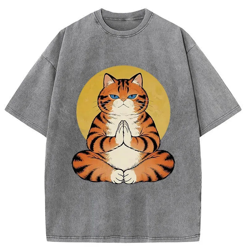 Meditating Orange Cat Washed Tee for Gift