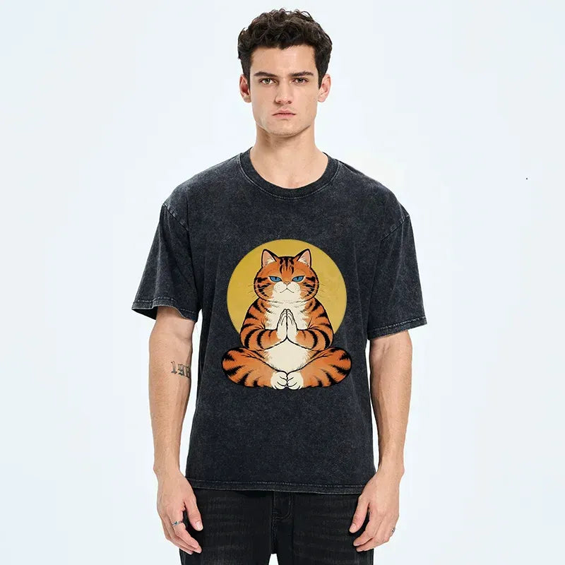 Meditating Orange Cat Washed Tee for Gift
