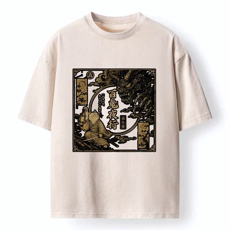 Kyoto-Lion Samurai Cat Faces Giant Demon Beast Washed T-Shirt