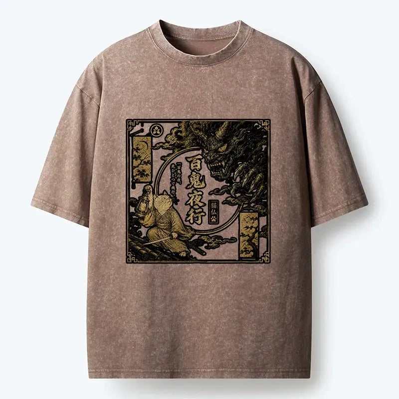 Kyoto-Lion Samurai Cat Faces Giant Demon Beast Washed T-Shirt