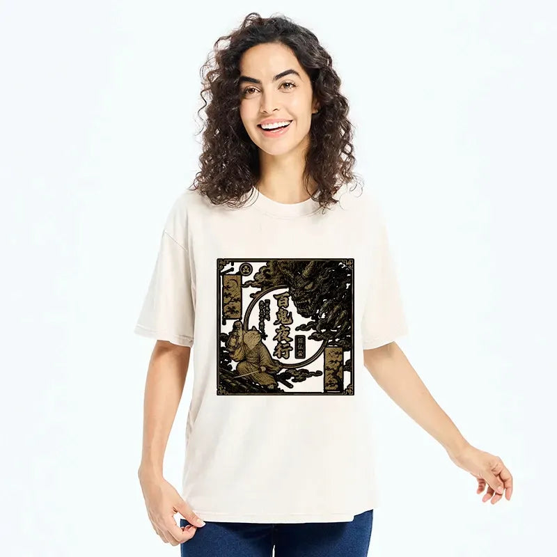 Samurai Cat Washed T-Shirt for Streetwear