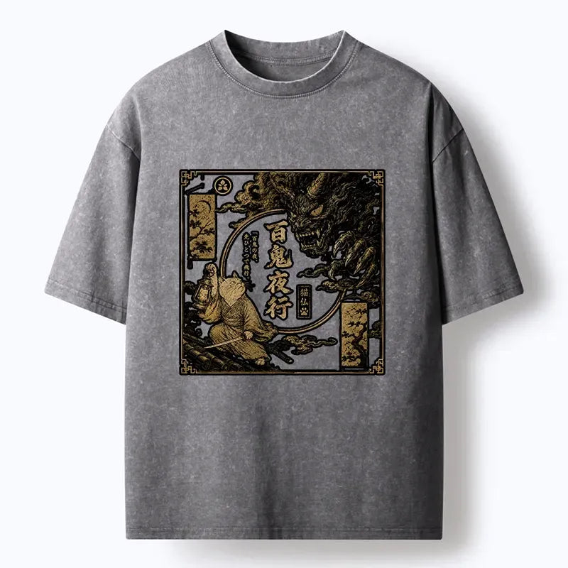 Samurai Cat Washed T-Shirt for Streetwear