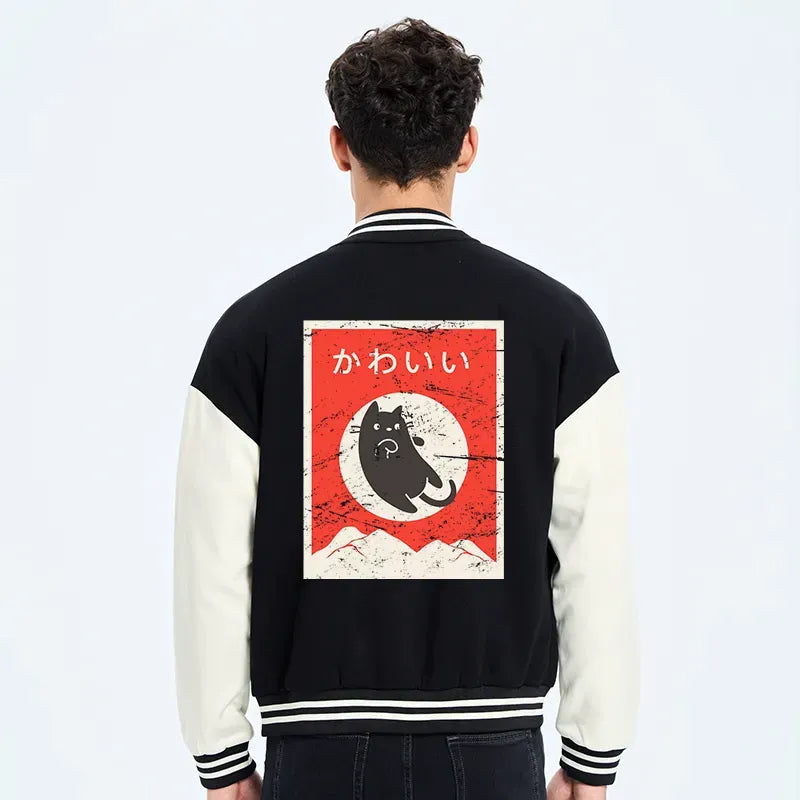 Kyoto-Lion Cute Black Cat Japanese Embroidery Varsity Jacket
