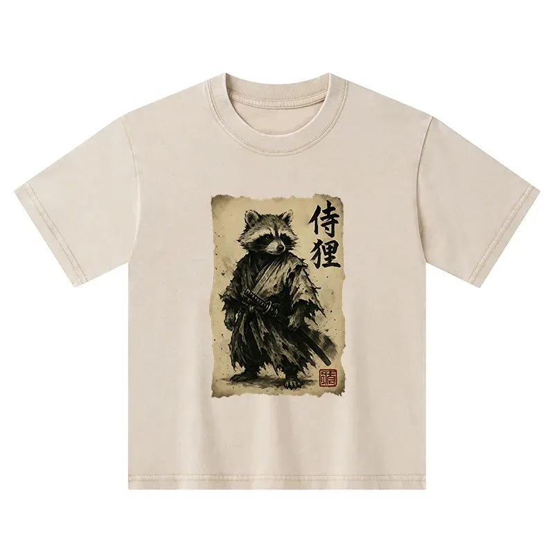 Kyoto-Lion Retro Raccoon Samurai Kids Washed T-Shirt