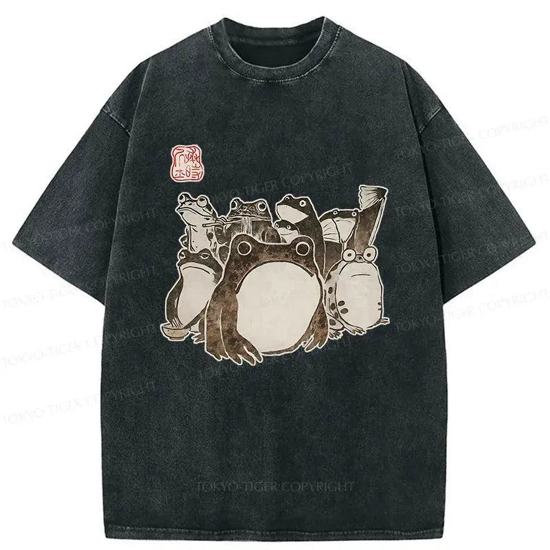 Japanese Frog Washed T-Shirt for Daily Wear