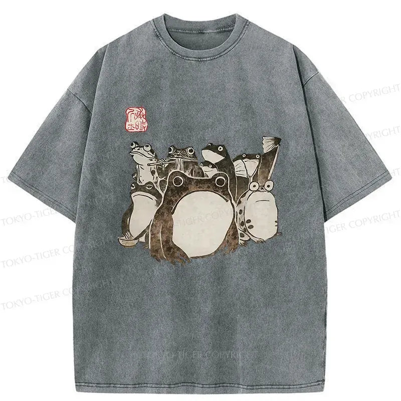 Japanese Frog Washed T-Shirt for Daily Wear