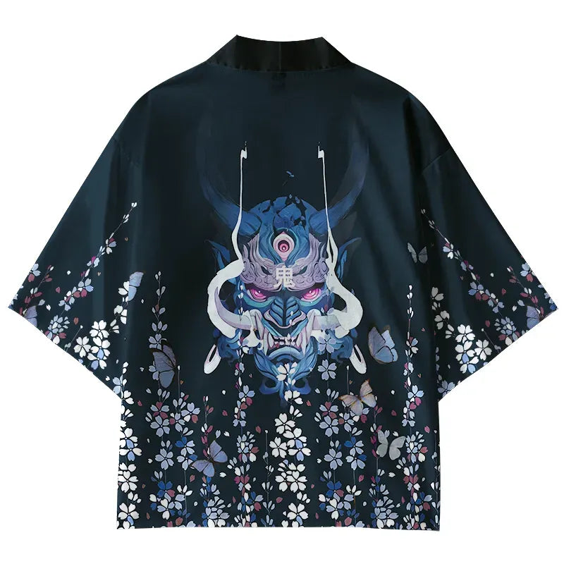 Kyoto-Lion Sakura With Oni Mask Kimono Cardigan