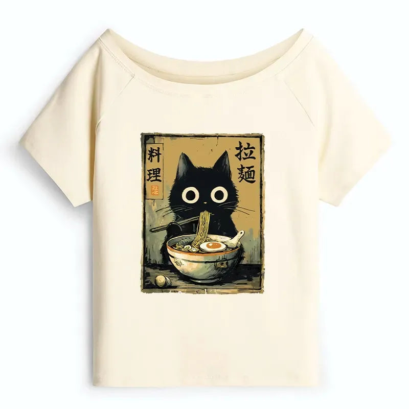 Kyoto-Lion Cute Black Cat Eating Ramen Japan Off Shoulder T-Shirt