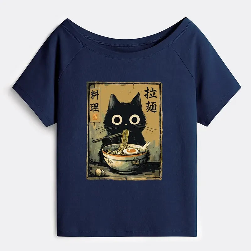 Kyoto-Lion Cute Black Cat Eating Ramen Japan Off Shoulder T-Shirt