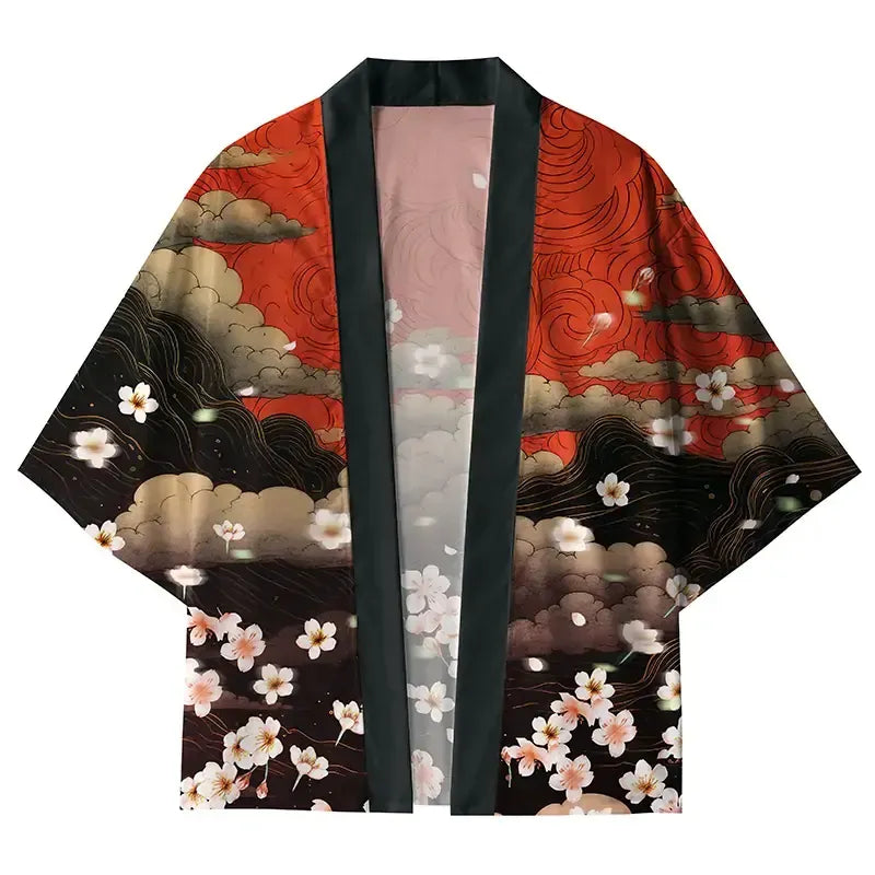 Kyoto-Lion Sakura And Clouds Kimono Cardigan
