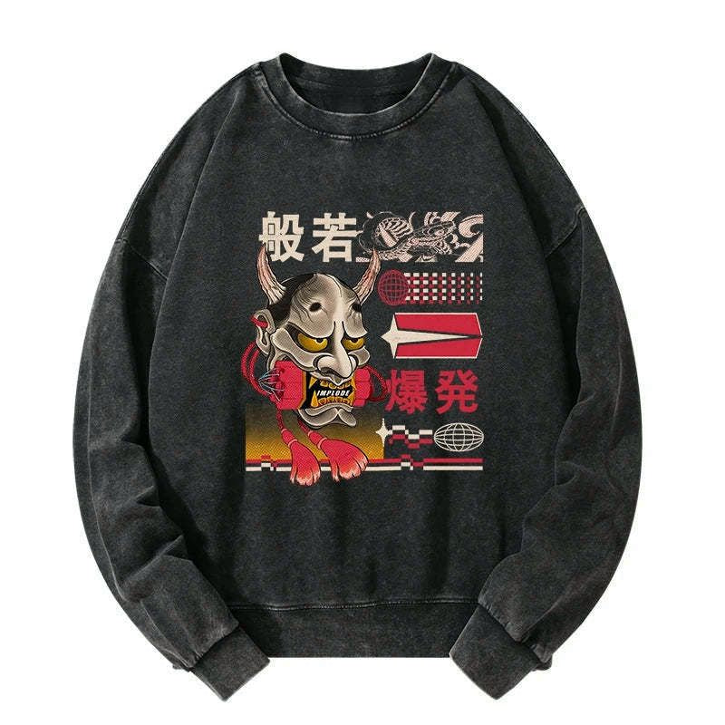 washed unisex sweatshirt with hannya mask on sale