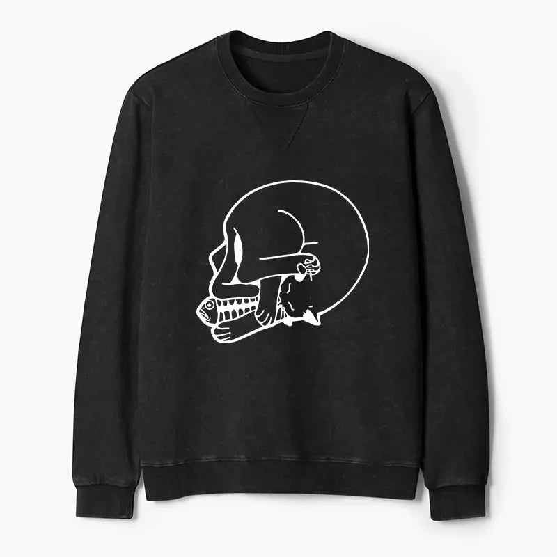 Kyoto-Lion Funny Cat Eating Fish Washed Terry Sweatshirt