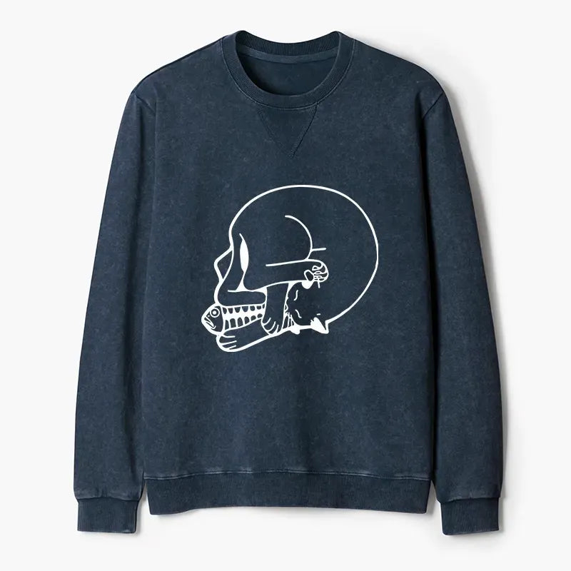 Kyoto-Lion Funny Cat Eating Fish Washed Terry Sweatshirt