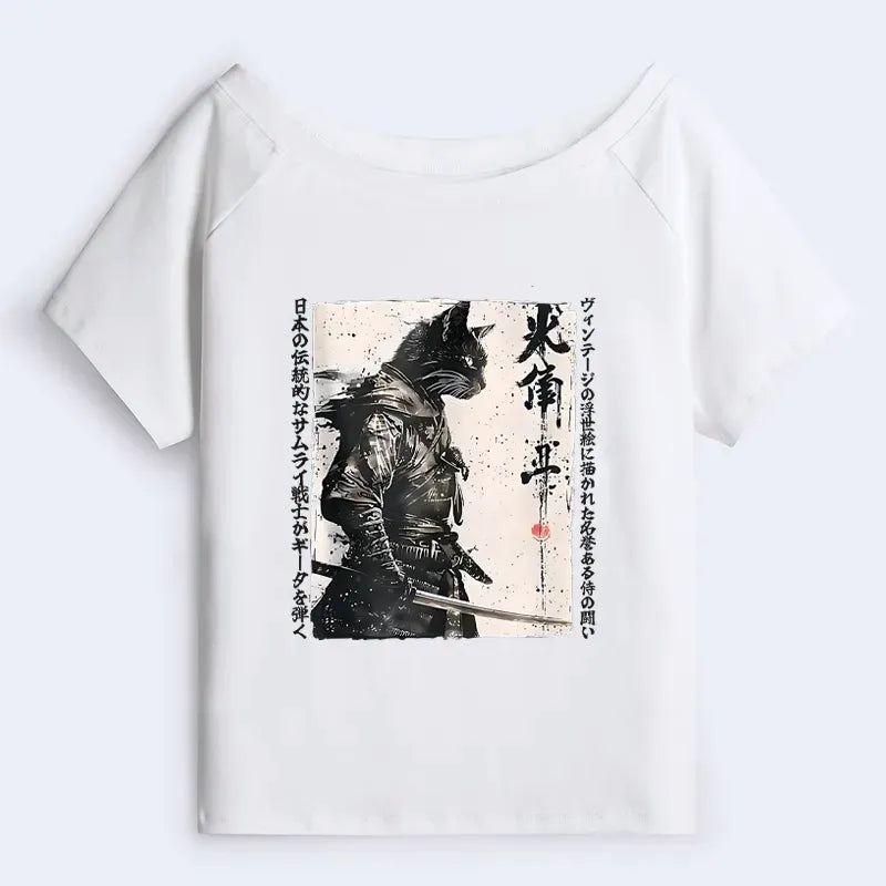 Off Shoulder Samurai Cat Shirt for Gift for Her