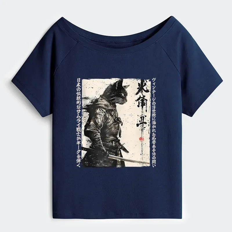Vintage Ukiyo-e Cat Samurai Tee for Summer Streetwear