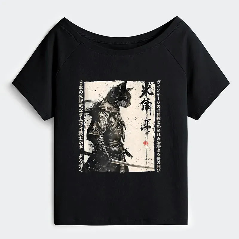 Kyoto-Lion Cat Samurai Retro Off Shoulder T-Shirt