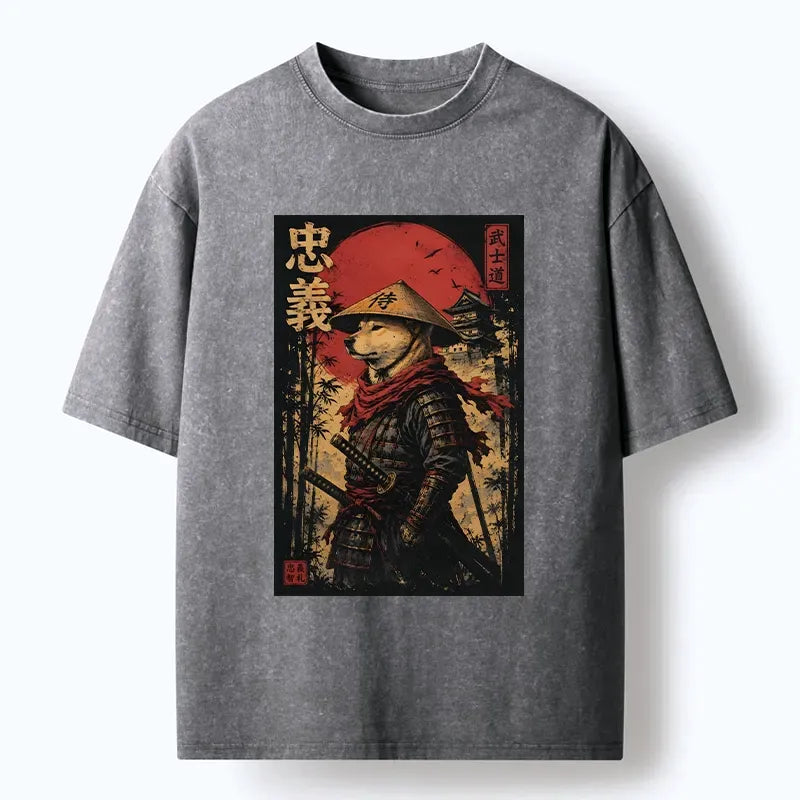Samurai Dog Washed T-Shirt for Daily Wear