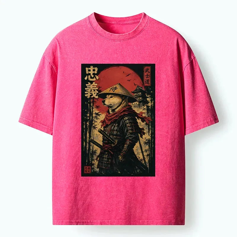 Samurai Dog Washed T-Shirt for Daily Wear
