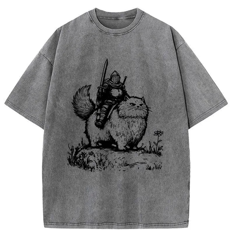 Kyoto-Lion Knight Rides A Fat Cat Washed T-Shirt