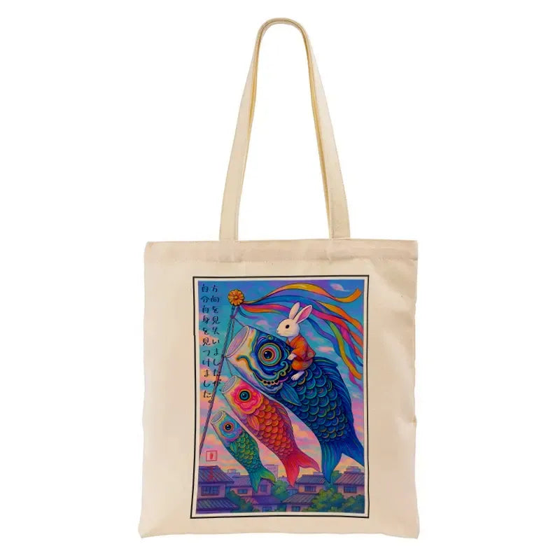 Rabbit Riding Carp Tote Bag for Summer