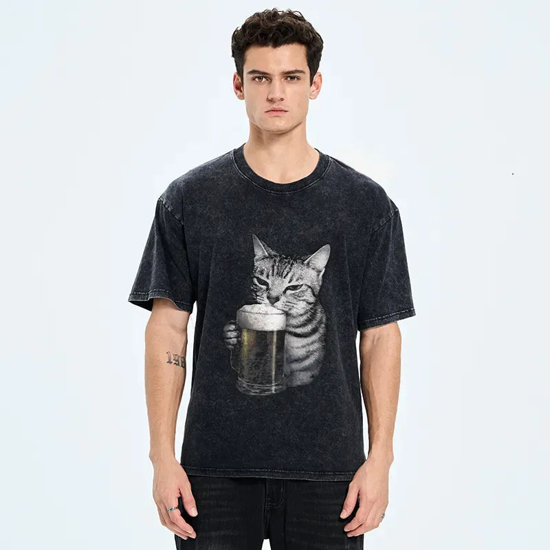 Washed Japanese Cat T-Shirt for Summer