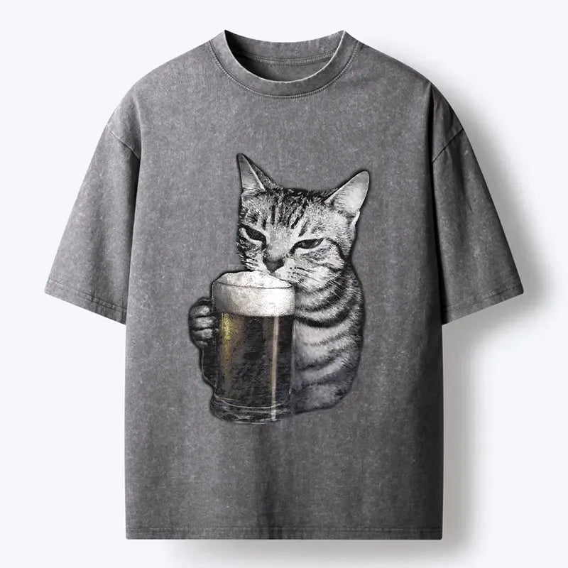 Washed Japanese Cat T-Shirt for Summer