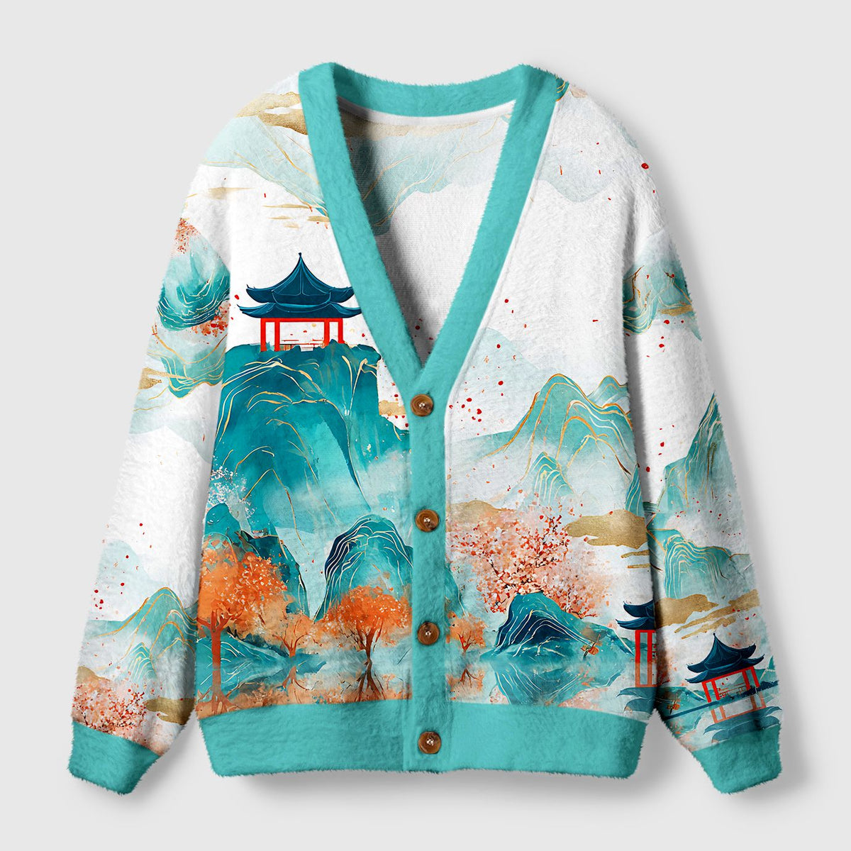 Kyoto-Lion Serene Chinese Mountain Landscape Ugly Cardigan Sweater