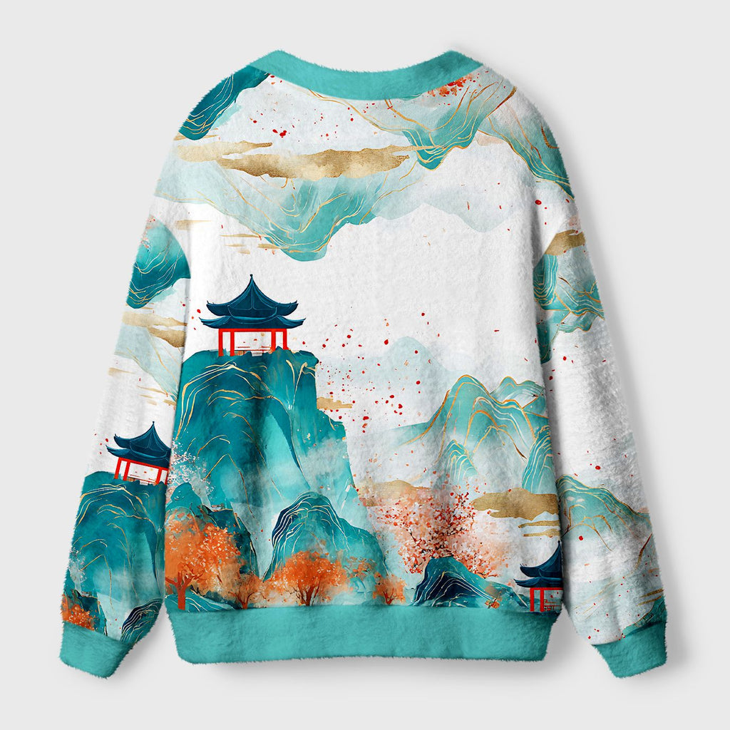 Kyoto-Lion Serene Chinese Mountain Landscape Ugly Cardigan Sweater