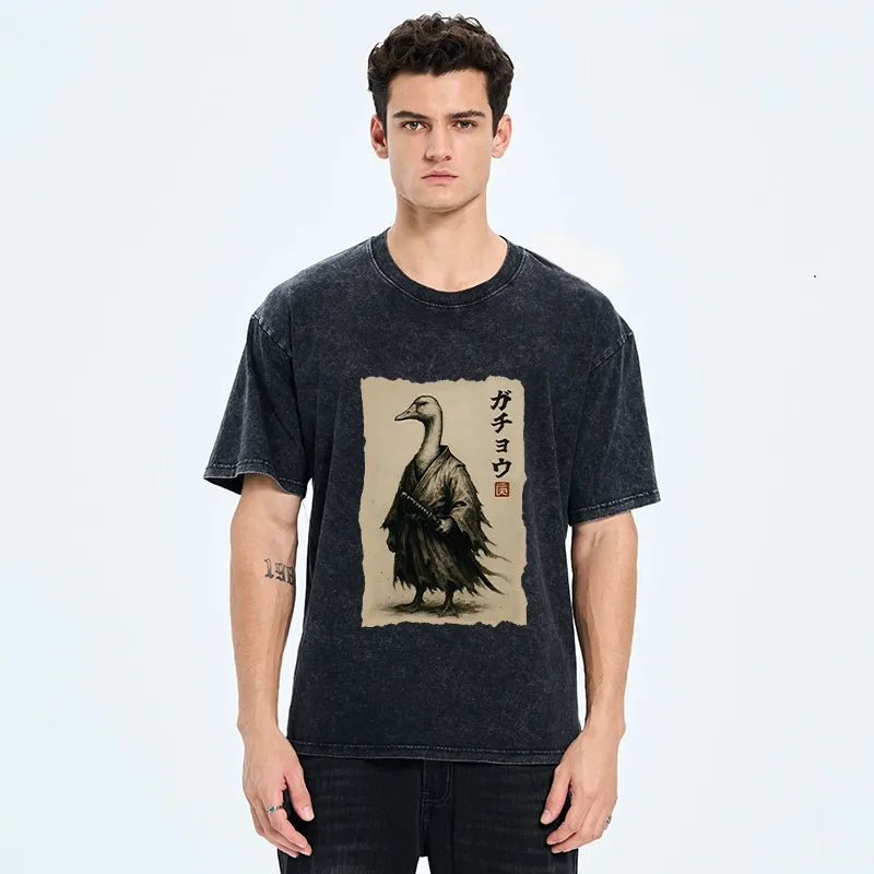 Kyoto-Lion Samurai Duck Art Washed T-Shirt