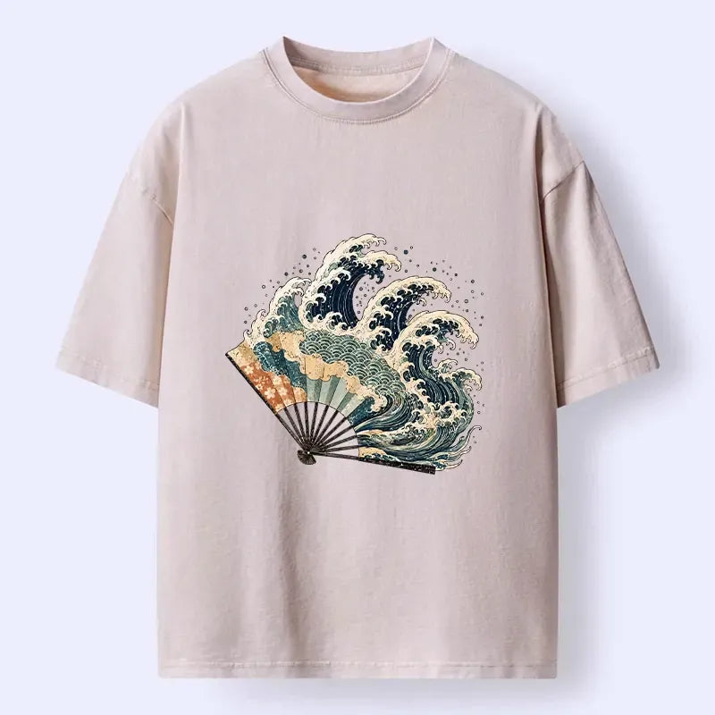 Kyoto-Lion Wave Fan Classic Japanese Ukiyo E Art Washed T-Shirt