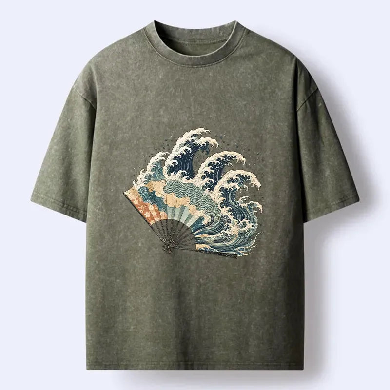 Kyoto-Lion Wave Fan Classic Japanese Ukiyo E Art Washed T-Shirt