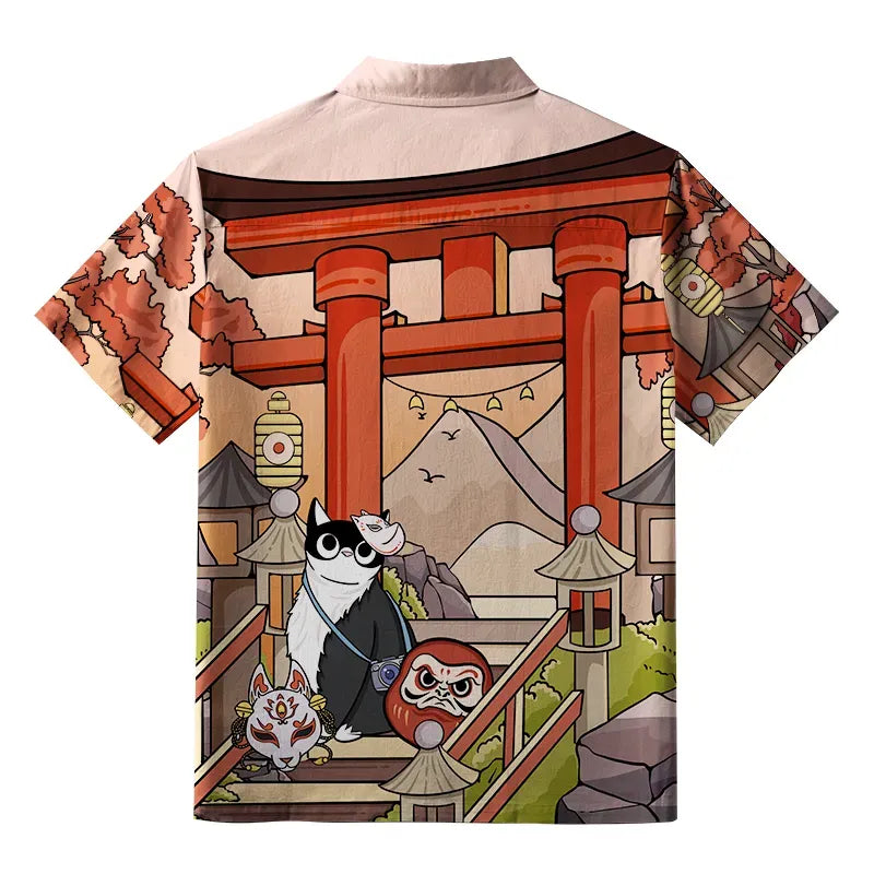Japanese Torii Cat Hawaiian Shirt for Vacation
