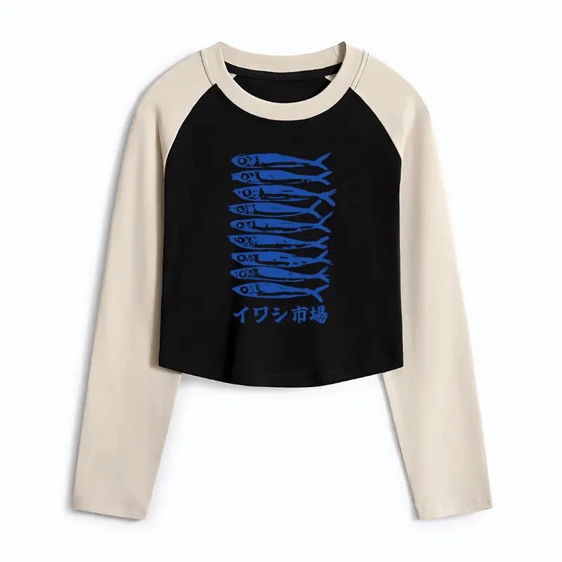 Kyoto-Lion Sardine Market Women's Crop Raglan T-Shirt