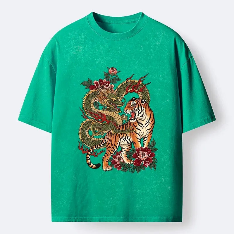Kyoto-Lion Vintage Asian Dragon Tiger Floral Vibe Washed T-Shirt