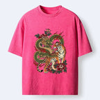 Kyoto-Lion Vintage Asian Dragon Tiger Floral Vibe Washed T-Shirt
