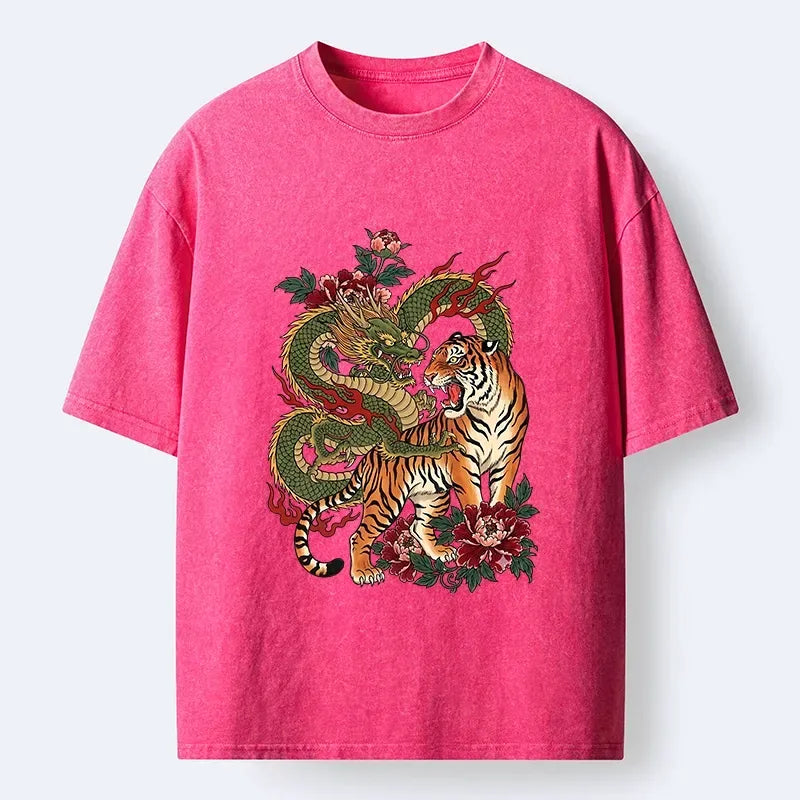 Kyoto-Lion Vintage Asian Dragon Tiger Floral Vibe Washed T-Shirt