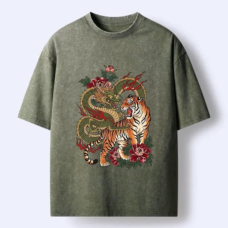 Kyoto-Lion Vintage Asian Dragon Tiger Floral Vibe Washed T-Shirt