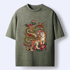 Kyoto-Lion Vintage Asian Dragon Tiger Floral Vibe Washed T-Shirt