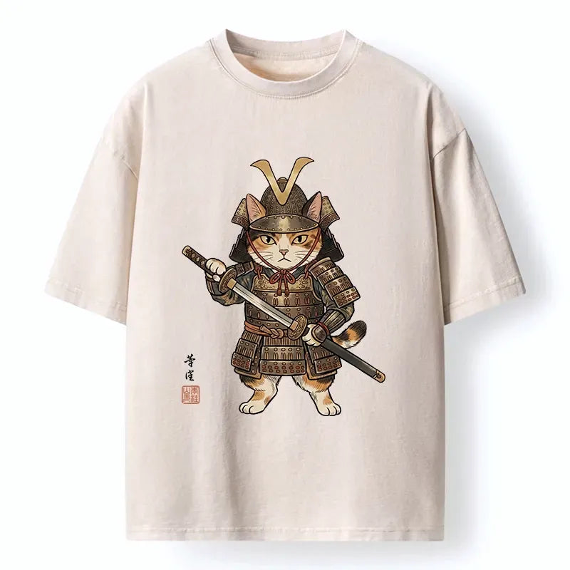 Kyoto-Lion Samurai Cat With Katana Sword Washed T-Shirt
