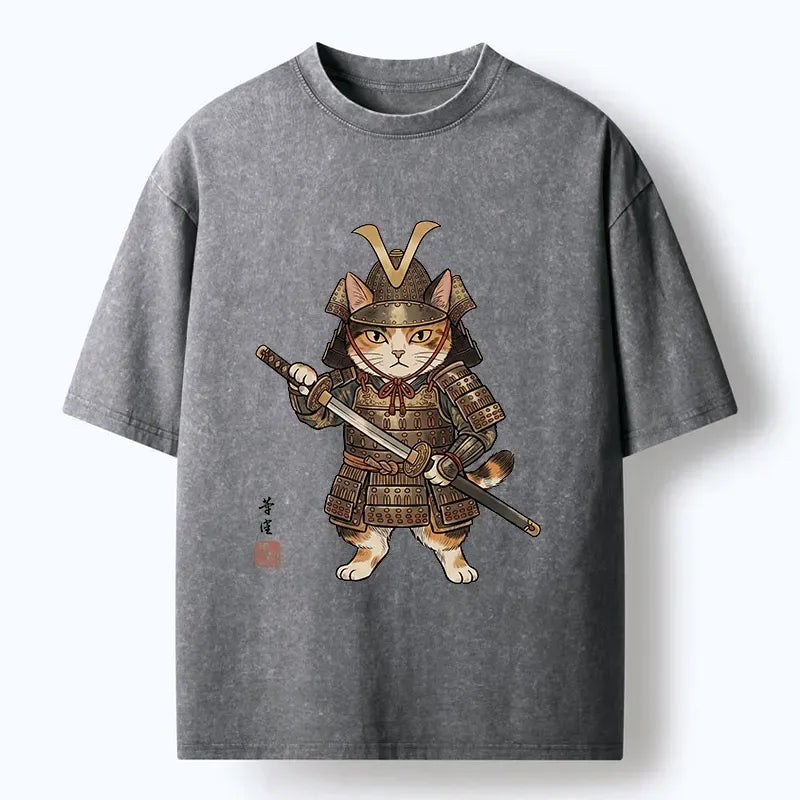 Kyoto-Lion Samurai Cat With Katana Sword Washed T-Shirt