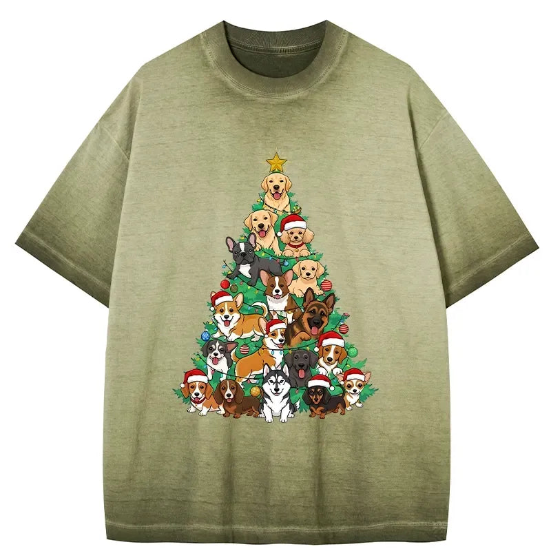 Kyoto-Lion Christmas Tree Dog Funny Gradient Washed T-Shirt
