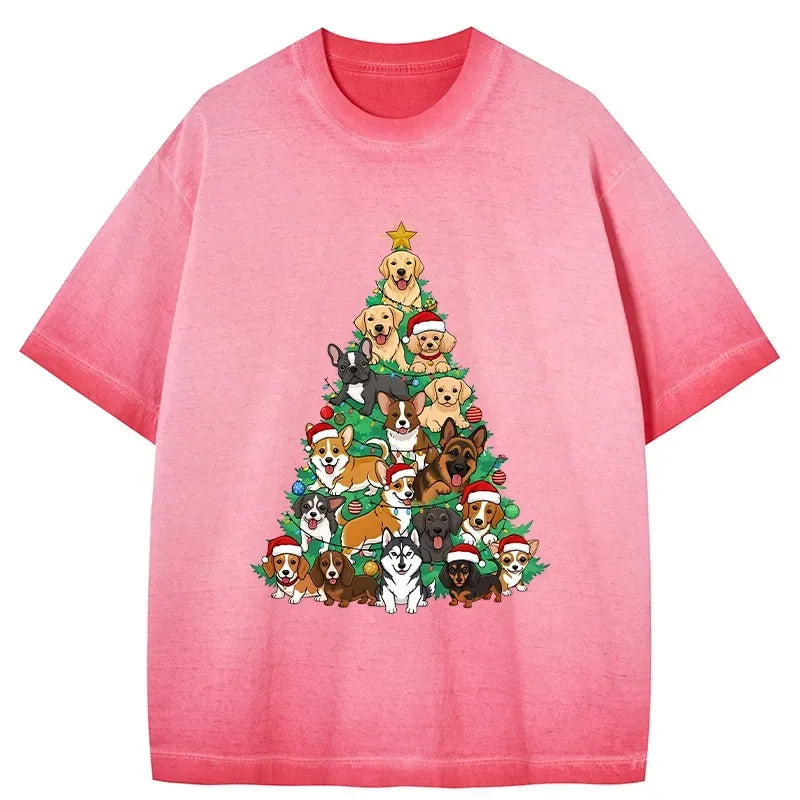 Kyoto-Lion Christmas Tree Dog Funny Gradient Washed T-Shirt
