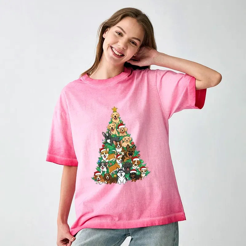 Kyoto-Lion Christmas Tree Dog Funny Gradient Washed T-Shirt