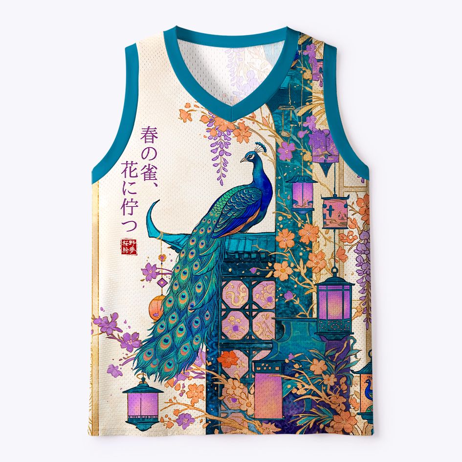 Kyoto-Lion Ukiyo-e Peacock Wisteria Spring Floral Mesh Tank Top